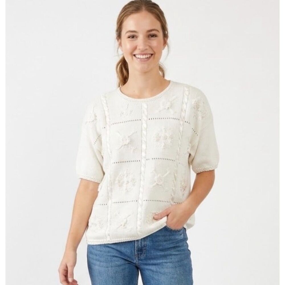 By Design Women's Ivory Floral Ribbon Embroidered Patchwork SS Sweater Size 3X